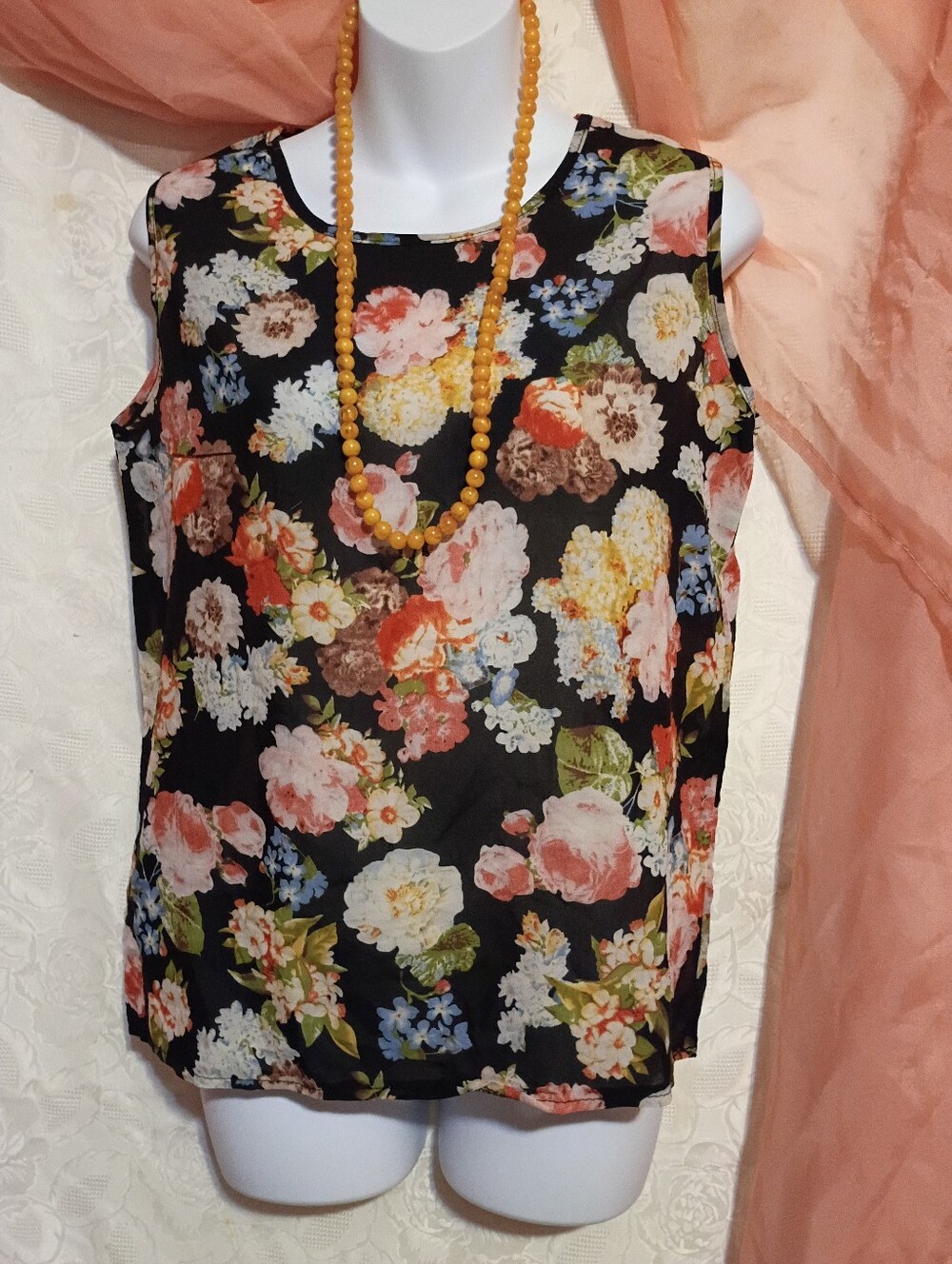 Liva Girl Ladies Floral Sheer Sleeveless Top - Black and Pink Sz M